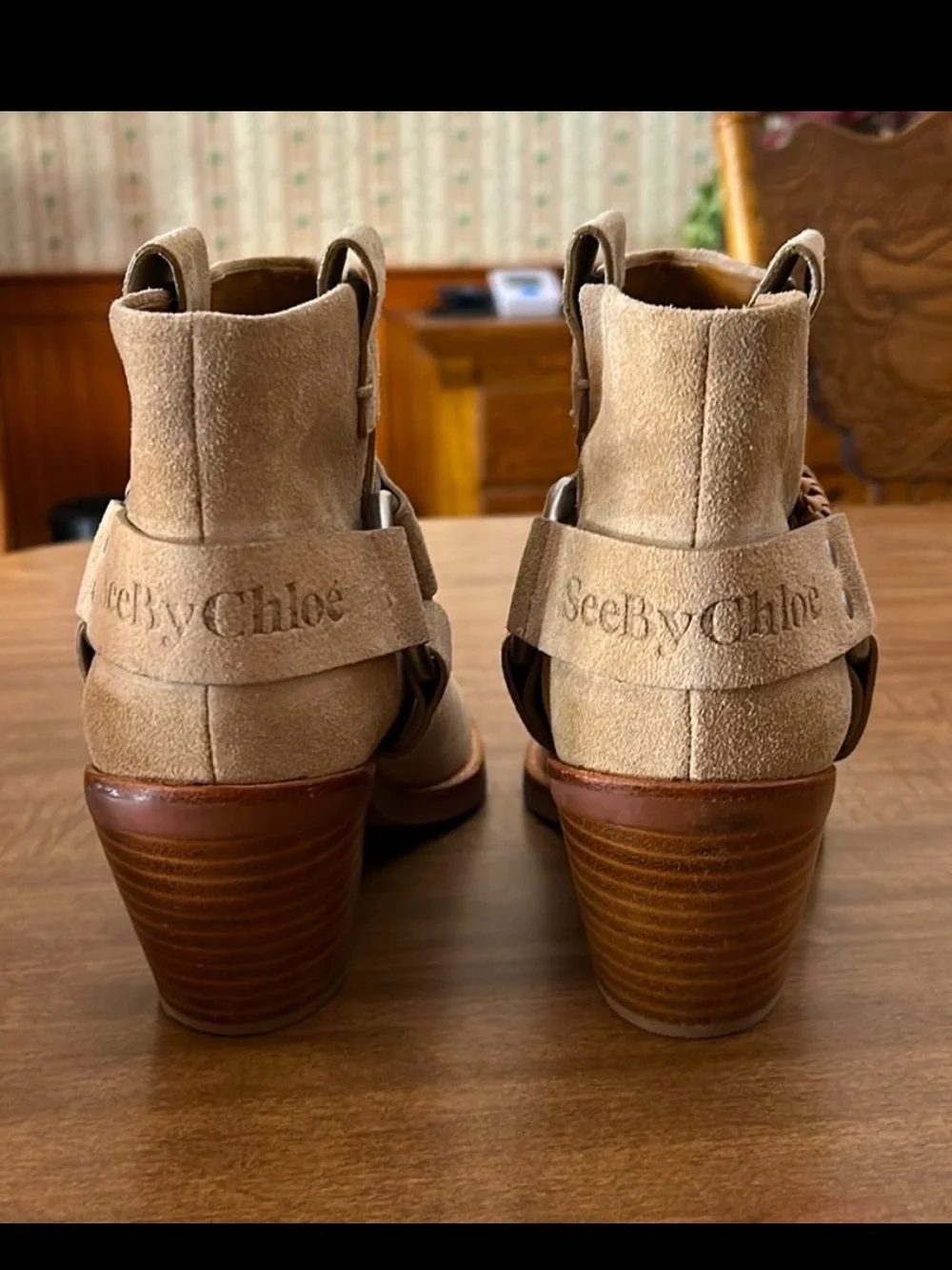 See by Chloé Eddie Taupe Suede Harness Boots Size 39.5 U